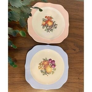 Vintage Crooksville‎ Salad Plates Set of 2 Blue Pink Fruit Print Made In USA MCM